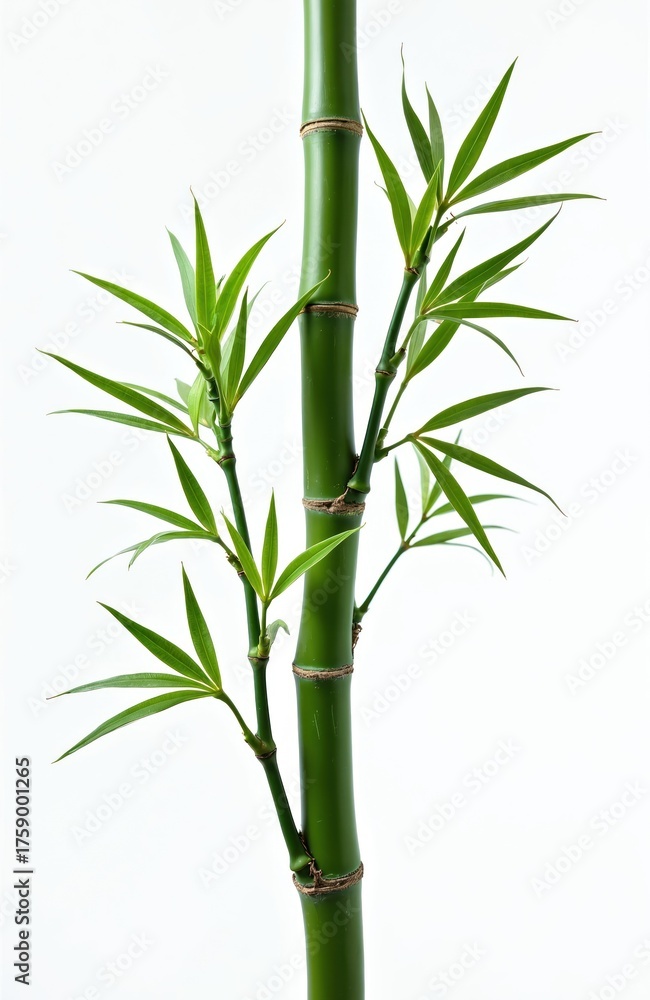 Obraz premium Close up photo shows bamboo stem with green leaves against white backdrop. Fresh bamboo plant part with many fresh green leaves on branches. The shot provides nature eco background.