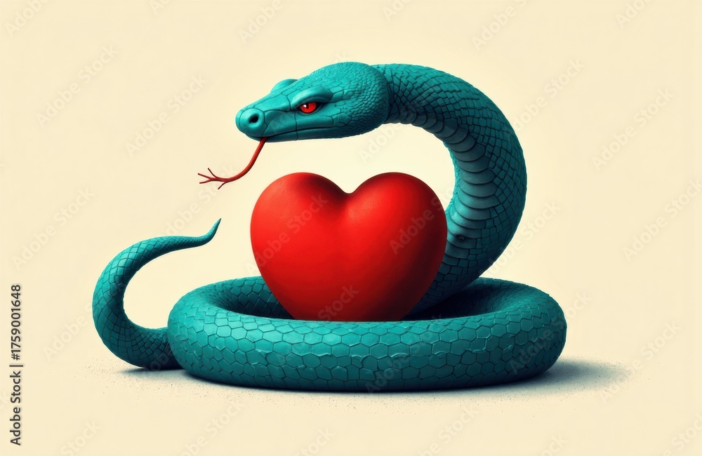 Fototapeta premium A blue snake coiled around a red heart with a neutral background