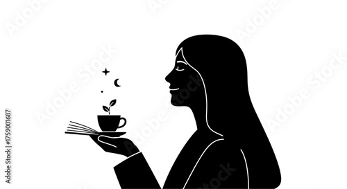 Serene woman holding tea with plant growing, manifesting dreams, mindfulness concept