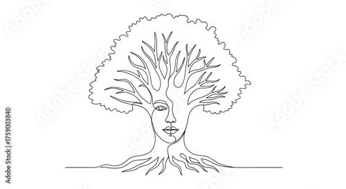 Tree of life line art drawing woman face nature illustration minimalist design single line art continuous line art