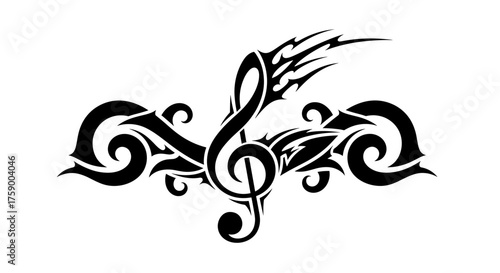 Tribal music tattoo design vector illustration with treble clef and elegant swirls for musicians and artists