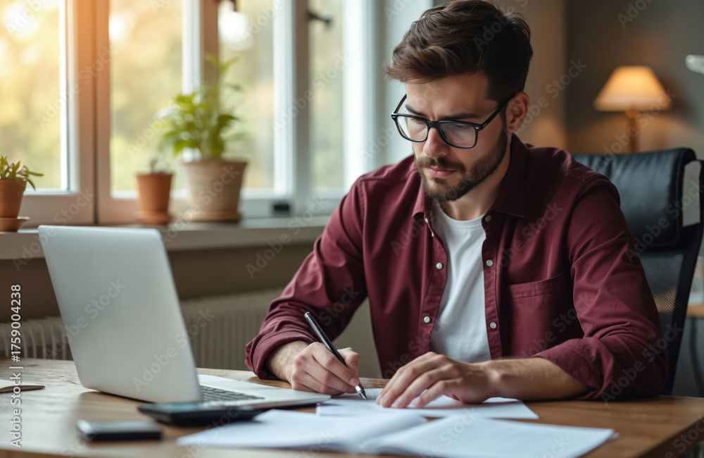 Obraz premium Man works at desk with papers and laptop. Freelancer analyzes data, calculates expenses at home office. Remote worker in glasses counts budget, checks finance and does paperwork.