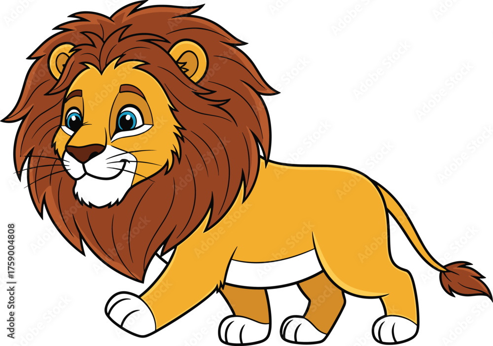 Obraz premium Cartoon lion character, golden body, dark brown mane, blue eyes, walking pose, friendly animal design, vector wildlife illustration