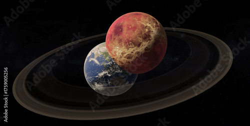 Fototapeta Naklejka Na Ścianę i Meble -  Surreal depiction of overlapping Earth-like planets with a shared ring system.  Elements of 3D rendered illustration were furnished by NASA.