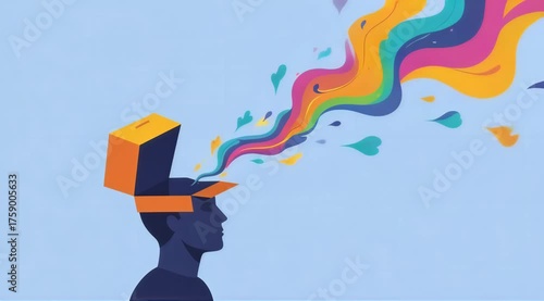 Animated illustration of creativity and imagination flowing from an open mind. Colorful ideas emerge from a person's head as an open box. Brainstorming and innovation concept