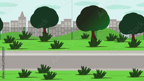 Infinite loop 2D city park animation featuring road, trees, and city skyline with moving clouds. Perfect for game scenes and motion backgrounds.