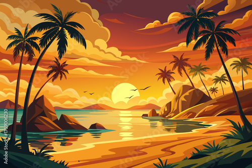 vector of Golden sunset on Phuket beach — a romantic night among palm trees and gentle ocean waves.