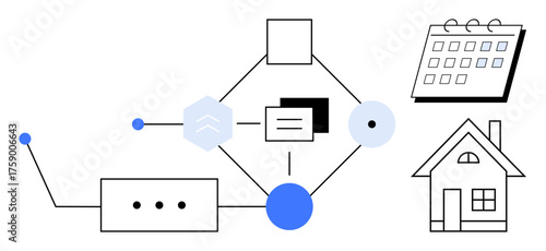Diagram showing interconnected nodes linking a smart home, calendar, and digital components. Ideal for technology, smart living, IoT, automation, planning home innovation communication. Simple flat