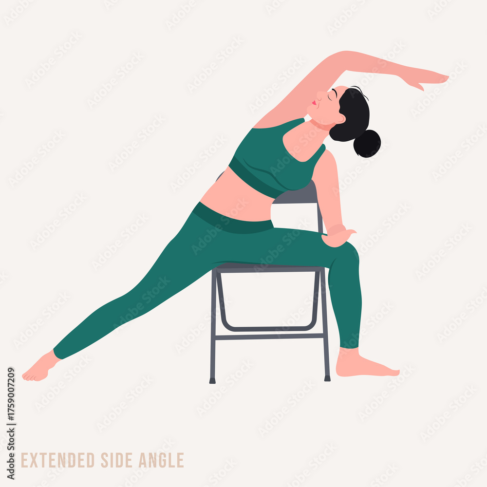 Obraz premium Young Woman in Teal Yoga Outfit Practicing Extended Side Angle Pose Seated on Chair Against Light Beige Background Healthy Lifestyle