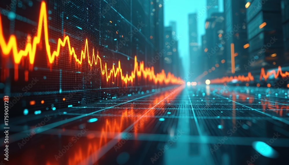 Fototapeta premium Futuristic cityscape with digital screens showing stock market fluctuations. Bright orange, red graphs illustrate market volatility against backdrop of sleek skyscrapers, advanced technology.