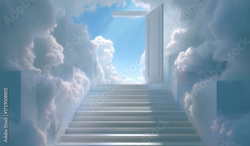 Mystical Staircase Leads to an Open Door in a Sky Filled With Soft Clouds and Sunlight