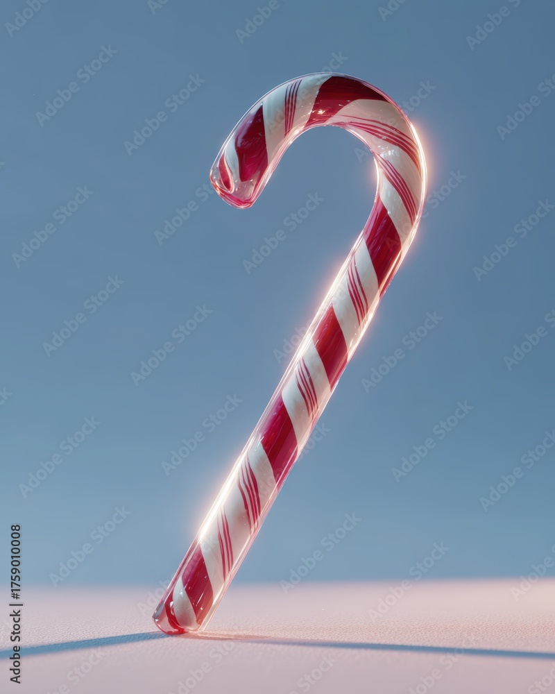 Fototapeta premium Shiny red and white striped candy cane glowing with backlight, standing on snow against soft blue background 