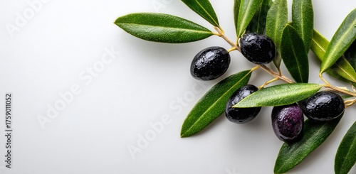 Wallpaper Mural Fresh Black Olives on a Branch With Green Leaves Arranged on a Light Background Torontodigital.ca