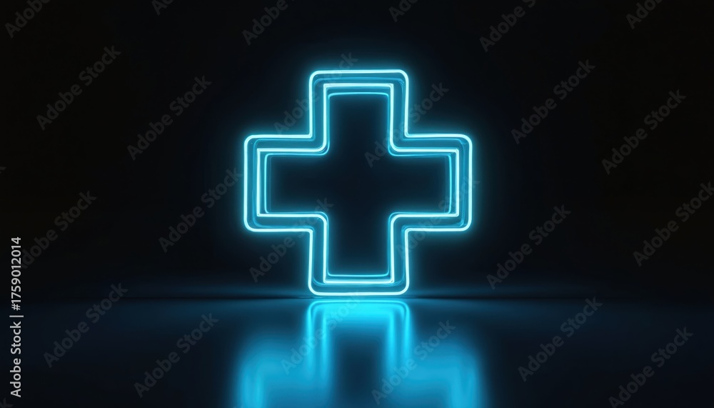 Obraz premium Neon blue cross symbol on dark background. Glowing medical sign with reflection on floor. Digital illustration of first aid icon. Blue light cross shape. Medical help abstract symbol.