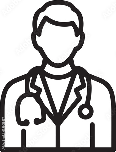 Simple line drawing of a doctor with a stethoscope, perfect for healthcare websites and medical infographics, conveying trust and expertise, vector origin