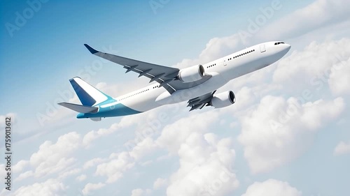White passenger airplane blue tail flying above the clouds in a blue sky background. Low view angle. Modern passenger jet airplane.