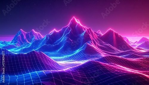 Abstract neon landscape depicting a digital mountain range with vibrant colors.