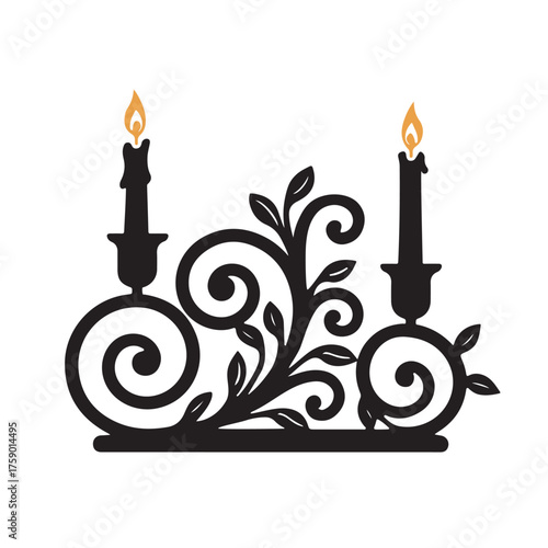 Decorative Candle Holder Silhouette with Two Lit Candles – Elegant Vintage Ornament, Home Decor, Romantic Lighting, and Classic Interior Decoration Symbol in Minimalist Style