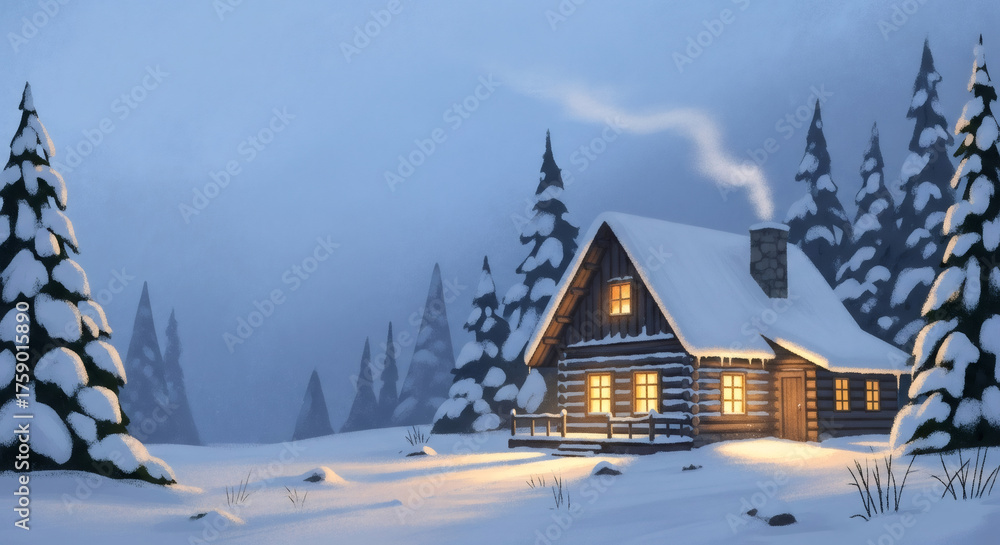 Fototapeta premium Wooden cabin with warm light in snowy landscape. Cozy winter scene with pine tree, full of serenity. Christmas holiday card background.