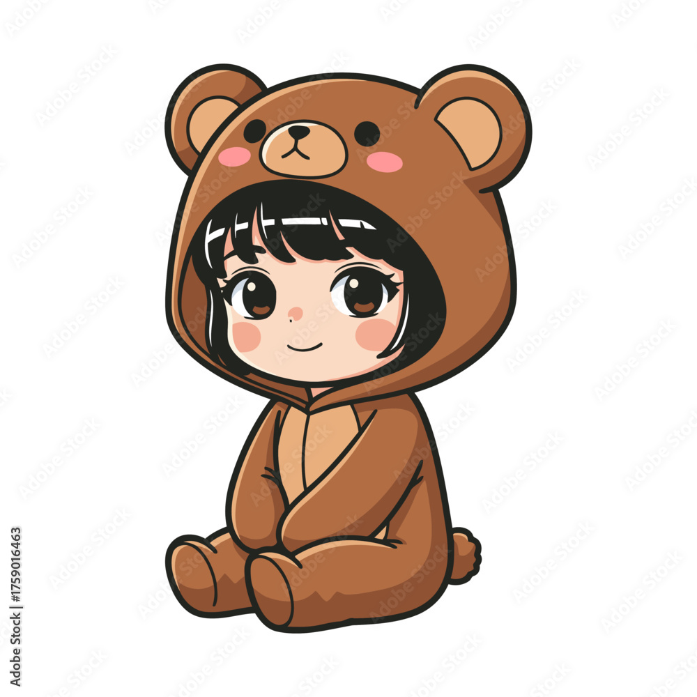 Fototapeta premium Cute cartoon character in a light brown bear costume with hood and round ears, short black hair, big brown eyes, sitting front view, white background.