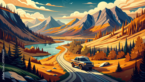 Very beautiful car hugging a road that runs along a fast, narrow river at the foot of rugged Alaskan mountains, autumn light catching the peaks, wilderness surrounding every turn — a travel scene to 