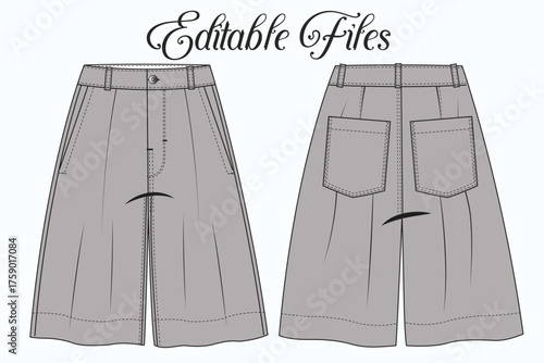 Editable Vector Flat Sketch of Culottes Pattern Design, Garment Technical Flat of Women’s Midi Culottes with Pockets. Women’s Wide Leg Shorts Technical Drawing Vector.  Unisex Wide Leg Pants Flat.