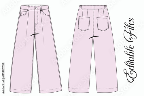 Editable Vector Flat Sketch of Culottes Pattern Design, Garment Technical Flat of Women’s Midi Culottes with Pockets. Women’s Wide Leg Shorts Technical Drawing Vector.  Unisex Wide Leg Pants Flat.