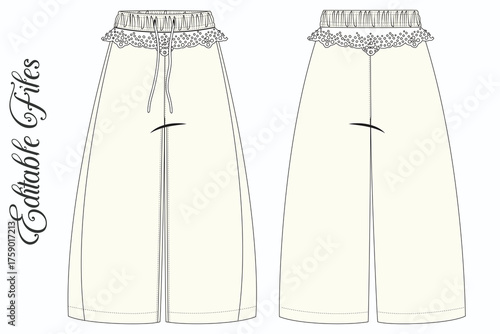 Editable Vector Flat Sketch of Culottes Pattern Design, Garment Technical Flat of Women’s Midi Culottes with Pockets. Women’s Wide Leg Shorts Technical Drawing Vector.  Unisex Wide Leg Pants Flat.