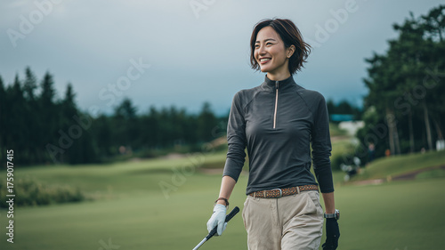 女性が青空のフェアウェイを進む熟練ゴルファーの背中、静かな自信