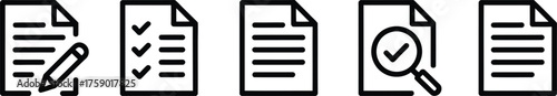 Five Document and Checklist Icons Showing Writing, Ticking, and Magnifying Glass on White Background Keywords: document, icon, checklist, writing