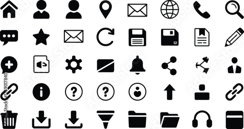 Grid of 36 Black and White Icons for Web and App User Interface on White Background 