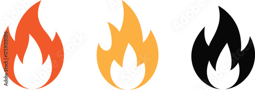 Three Flame Icons in Orange, Yellow, and Black on White Background fire heat