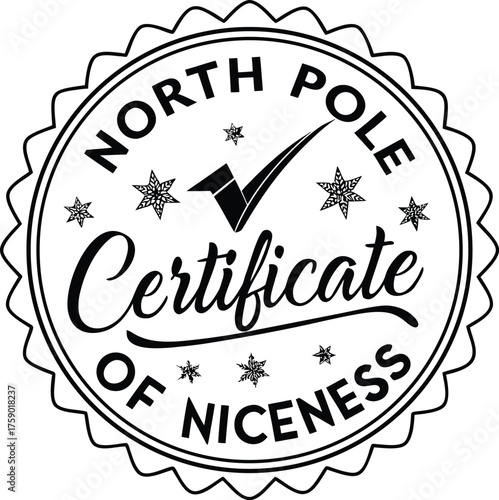 Official North Pole certificate of niceness stamp with checkmark and snowflakes for good behavior. Christian stamp. Posted stamp SVG, Christmas Stamp SVG.