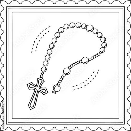Simple line drawing of a catholic rosary with a cross and beads on a decorative border. Christian stamp. Posted stamp SVG, Christmas Stamp SVG.