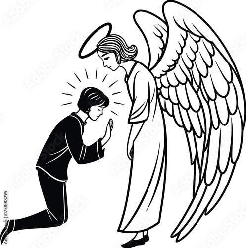 An angelic figure with large wings bends down to a person kneeling in reverence. Christian stamp. Posted stamp SVG, Christmas Stamp SVG.