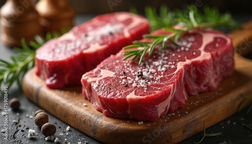 Raw beef steaks rest on wooden board. Juicy red meat sprinkled with pepper and rosemary. Close-up view shows fresh cuts ready for grilling or cooking. Ideal promo material for halal cuisine.