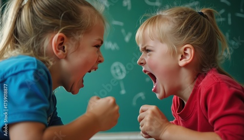 Two young girls argue in classroom. Children show anger and frustration. They stand in front of green blackboard with white chalk marks. Kids have blonde hair and wear colorful t shirts.