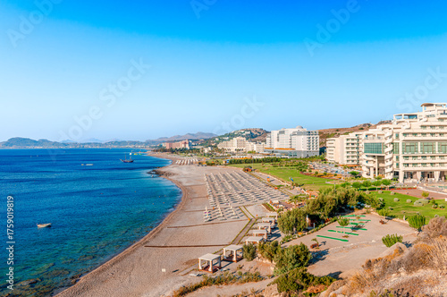 View of Ammoudes beach, in Rhodes island, Dodecanese, Greece, with lot of seafront luxurious hotels and resorts.