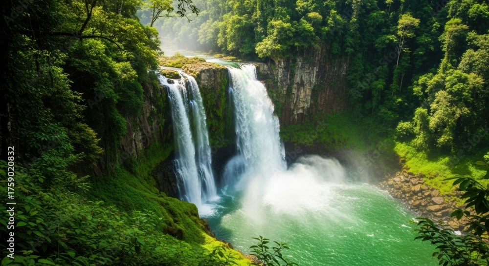 Obraz premium Experience the mesmerizing power of stunning waterfalls cascading through lush green jungle foliage, a vibrant and breathtaking tropical paradise escape