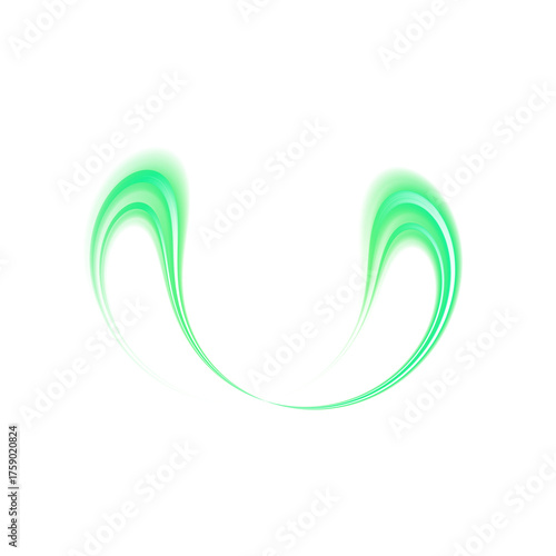 Glowing green abstract curved shape on transparent background
