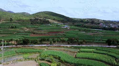 Aerial view of terraced fields in mountainous rural China, rural revitalization, poverty alleviation