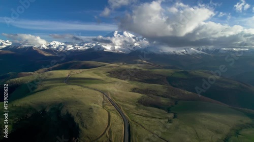 Aerial view of the mountainous terrain. Landscape and nature of the North Caucasus