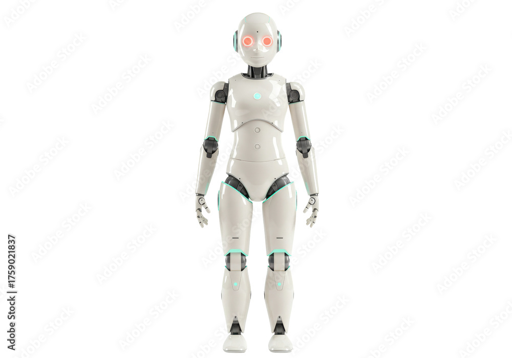Fototapeta premium Humanoid robot PNG isolated on transparent background, futuristic android with glowing eyes and sleek design for technology concepts