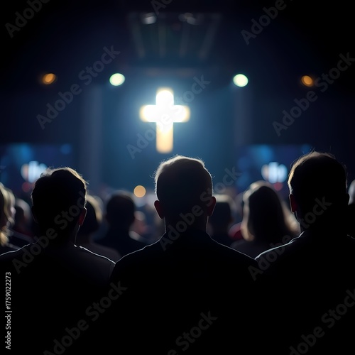  An image portraying the backs of people during a worship service. In front of a bright shining cross.