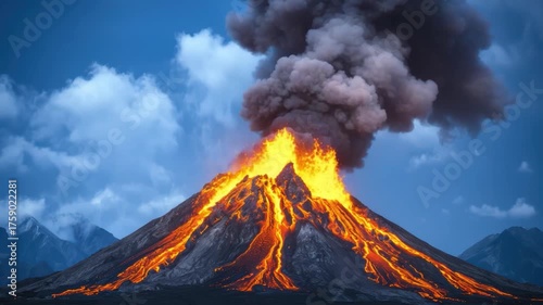 Erupting Volcano Spewing Lava and Ash into the Sky with Dramatic Cloud Formation Over Rocky Landscape
