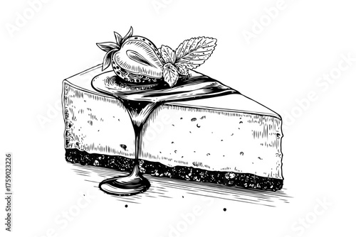 Cheesecake slice with syrup, strawberry and mint garnish in hand-drawn sketch style on white background, concept of dessert and sweets