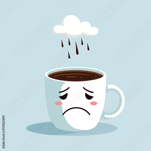 Sad animated mug character on blue Monday with his own crying cloud