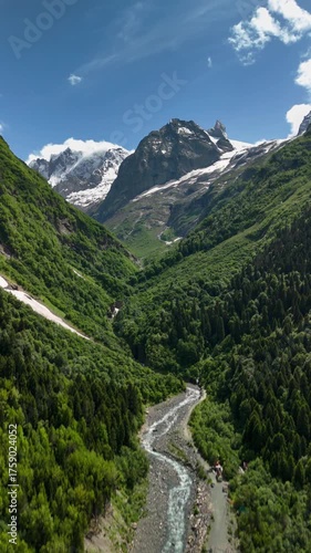 A beautiful aerial view of a mountain gorge. Landscape and nature of the North Caucasus.