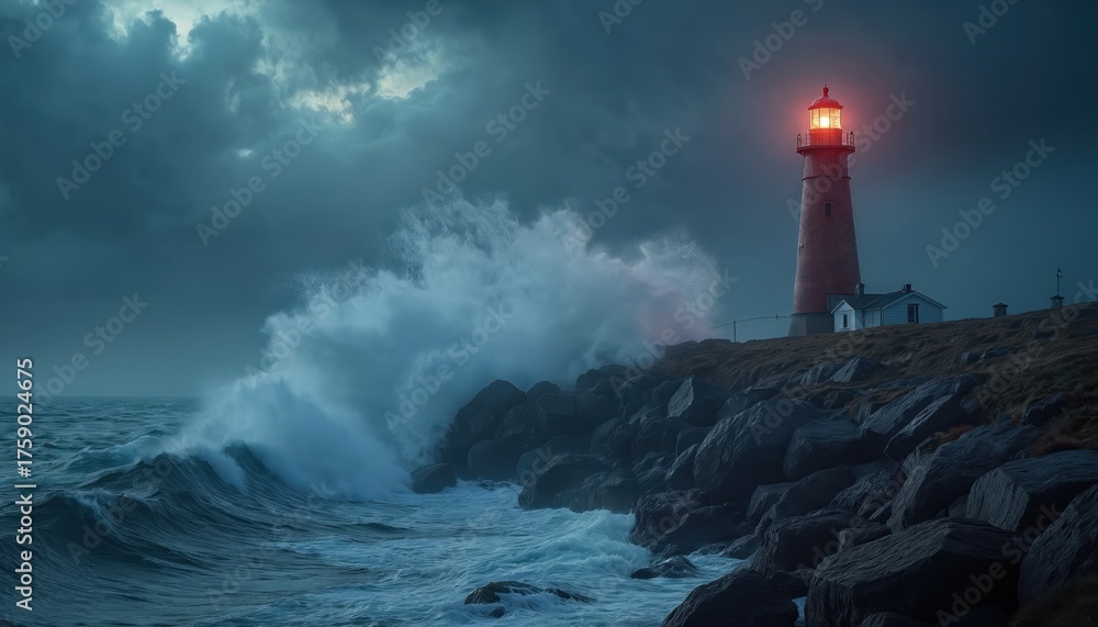 Naklejka premium Red lighthouse guides ships through stormy ocean waves crashing on rocky shore. Dark clouds gather over seascape. Beacon shines bright light at night, warning sailors.