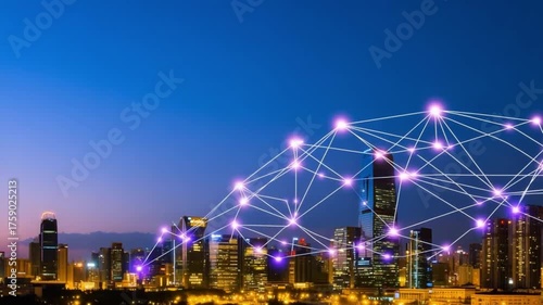 Wallpaper Mural Urban skyline with digital network connections in the evening sky, showcasing modern architecture and technology integration Torontodigital.ca